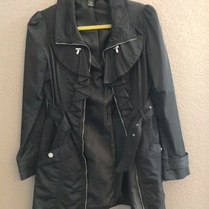 White House Black Market Black Satin Ruffle Coat